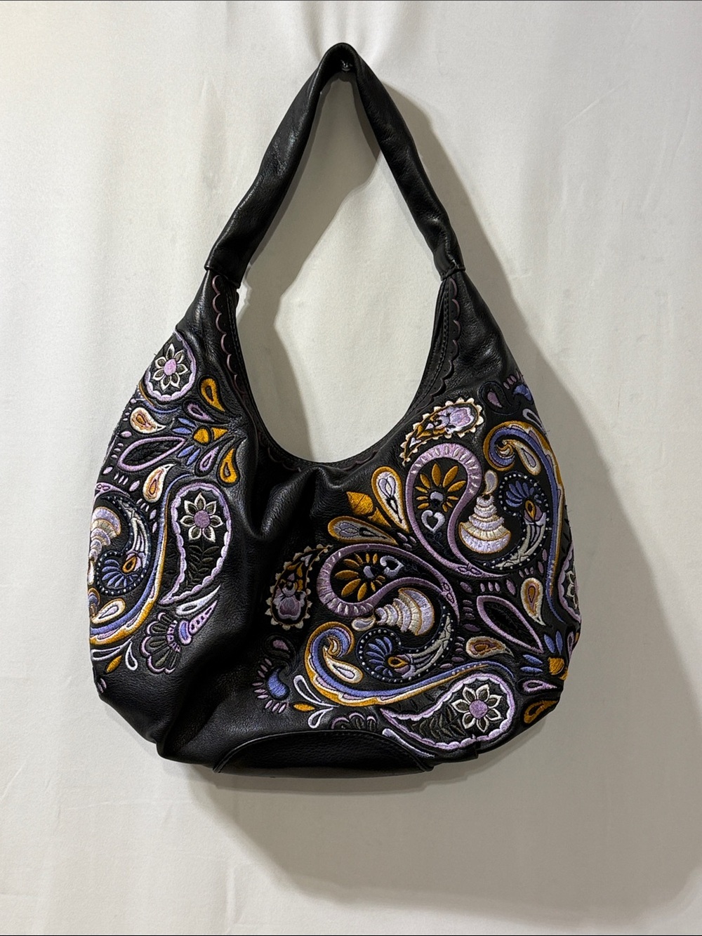 Isabella Fiore Black Leather Shoulder Bag with Purple Interior and Gold Hardware